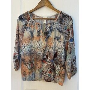 Chicos Womens Shirt Sze 0 Extra Small Multi Print Boho Peasant Keyhole Blouse XS